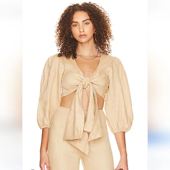 Faithfull The Brand Linen Ce Soir Beige Wrap Crop Top Size M - Picture 1 of 6